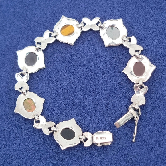 Vintage Sterling Silver Egyptian Revival Scarab Carved Gemstone Bracelet Size 7 - Picture 5 of 8